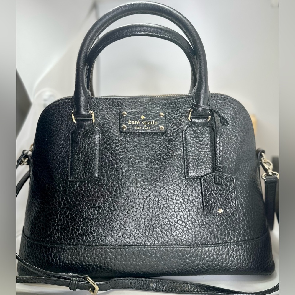 KATE SPADE Black Pebbled Leather Double Handle Satchel Crossbody Dome Bag Purse